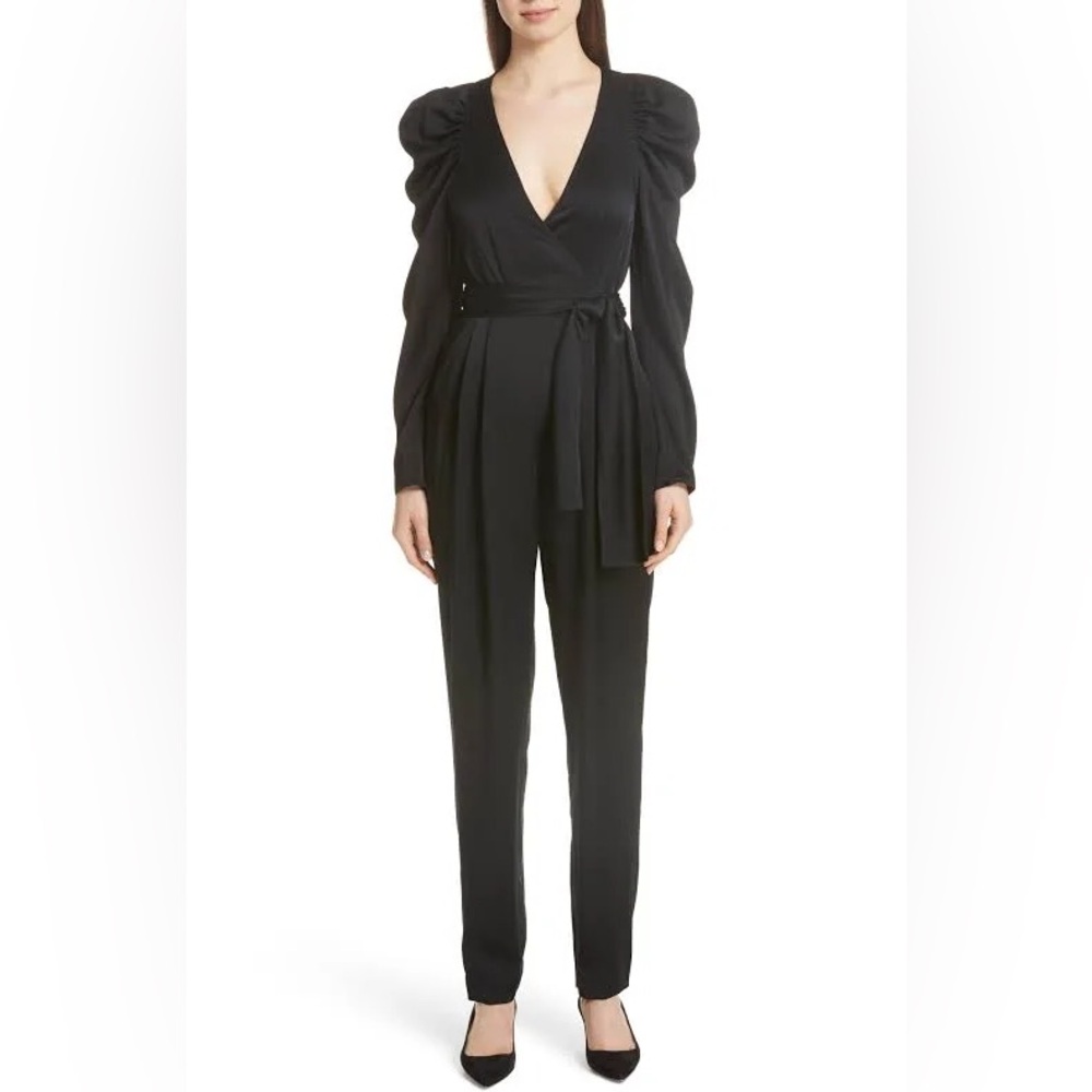 Women’s Black Puff-Sleeve Wrap Jumpsuit